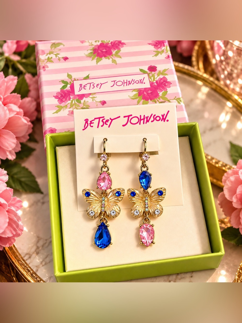 Betsey Johnson Gold Tone Blue Pink Crystal Butterfly Mismatch Drop Earrings
